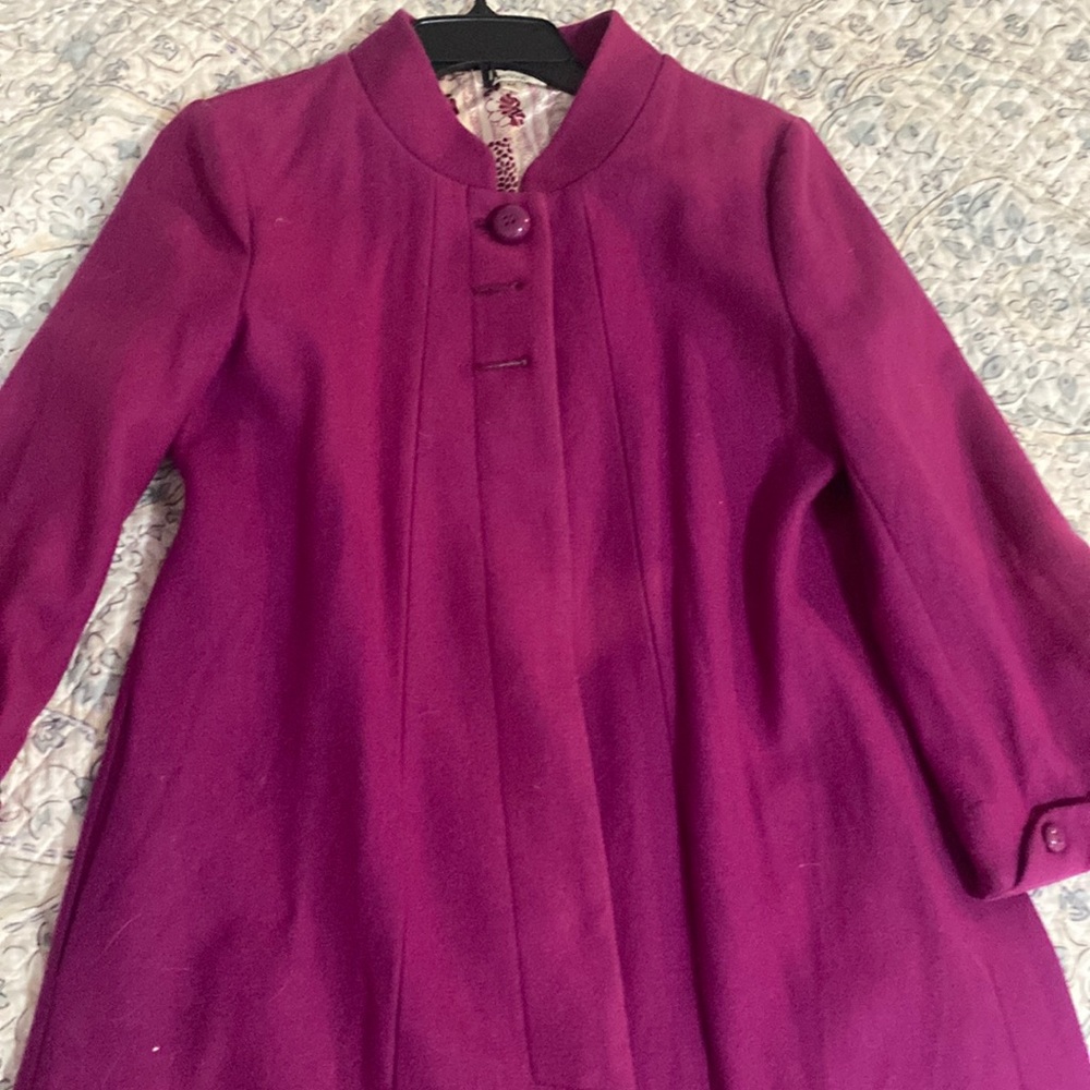 Three quarter length magenta peacoat, lined, size M